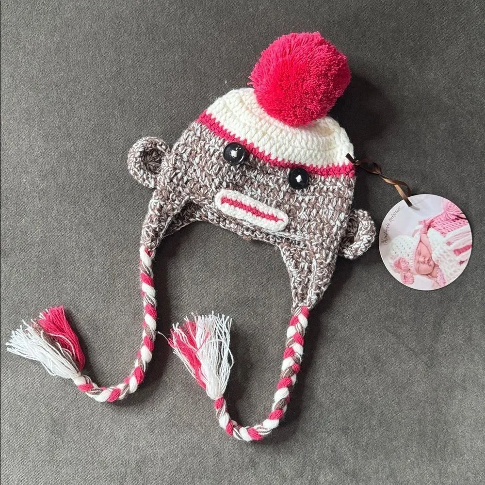 Daisy Baby Unisex Infant Beanie Hat Lulu Sock Monkey in Hot Pink 0-6 months NWT